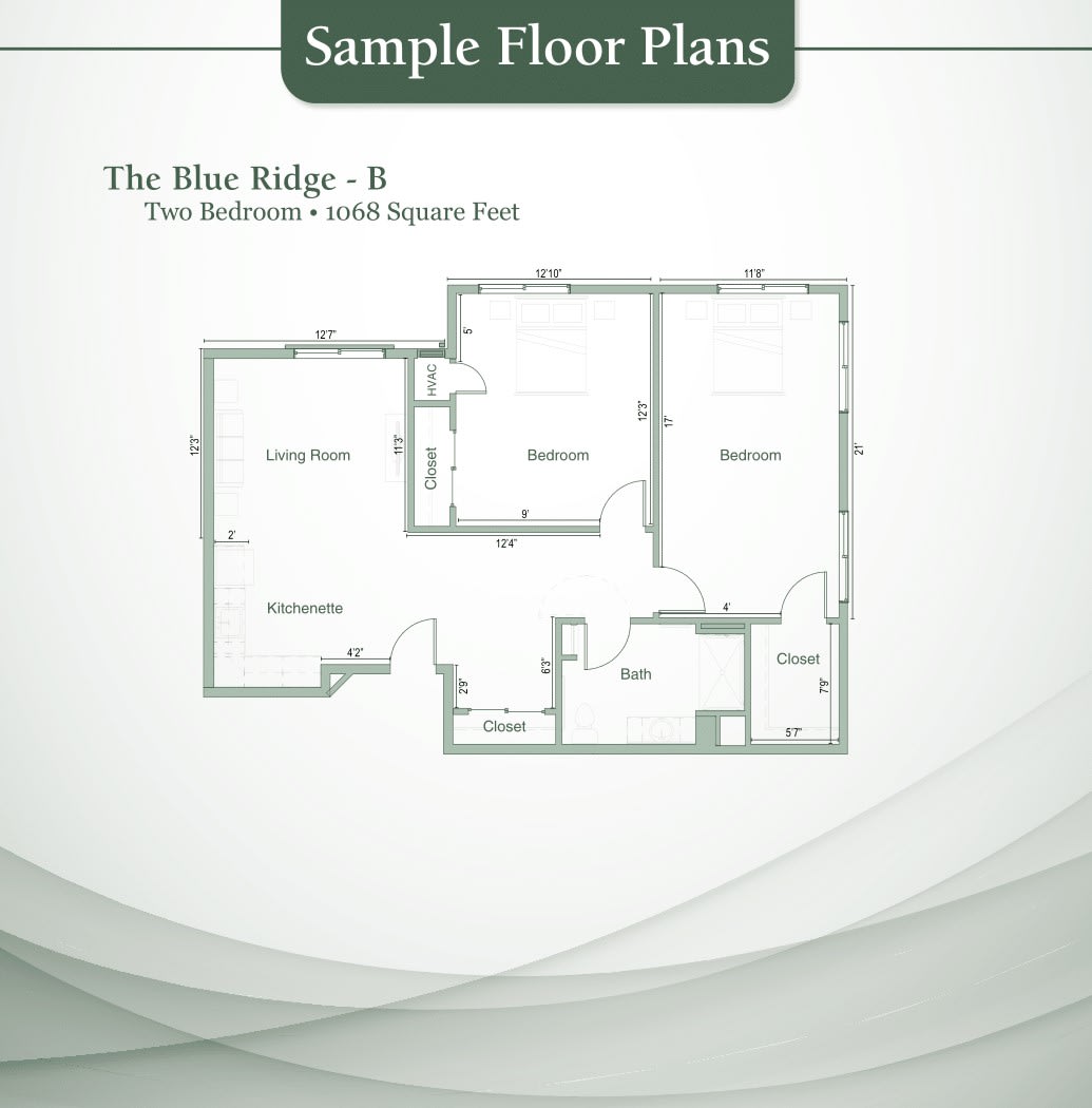 A sample floor plan for a two-bedroom apartment titled 'The Blue Ridge - B'.