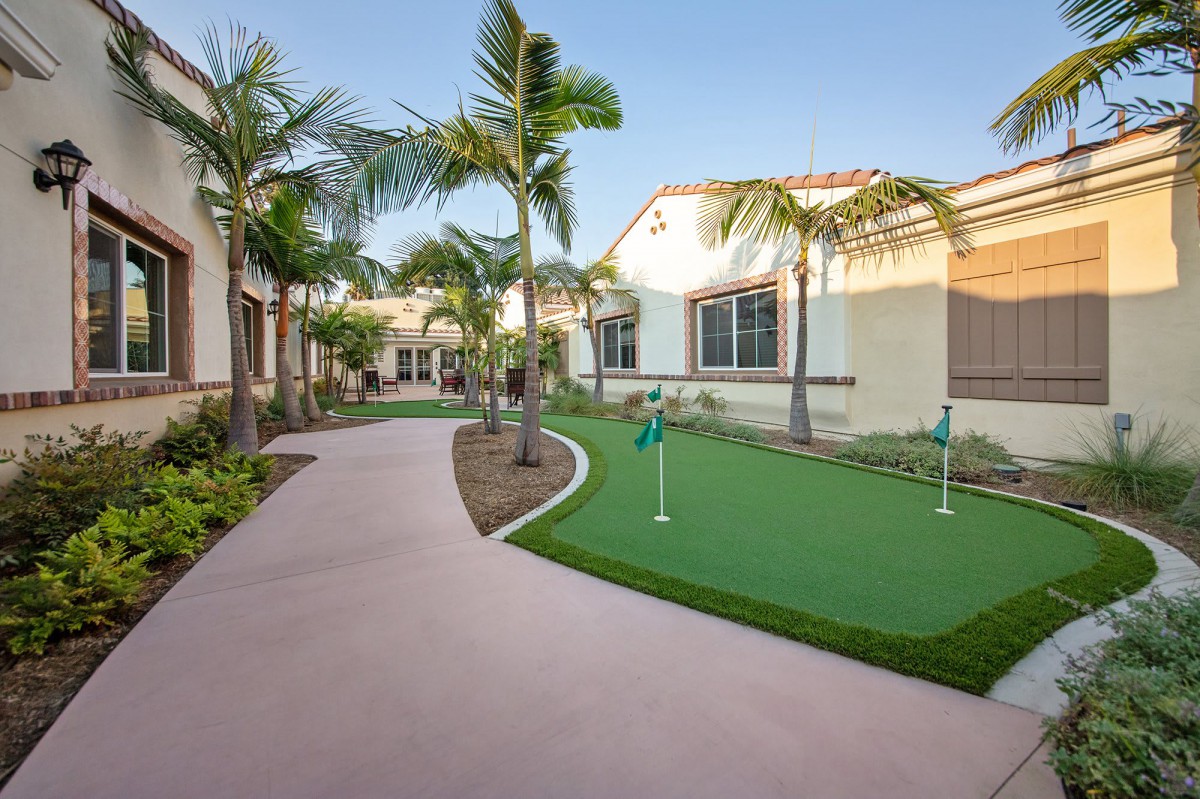 A sunny outdoor area featuring a putting green, palm trees, and pathways beside buildings.
