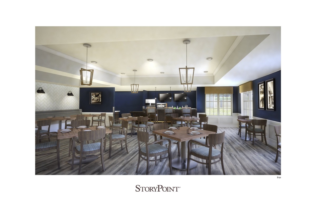 A spacious dining area with modern decor and ambient lighting.