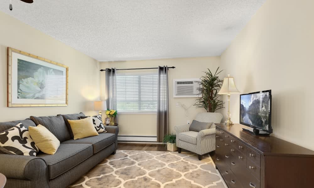 A cozy living room with a sofa, armchair, TV, and large window.
