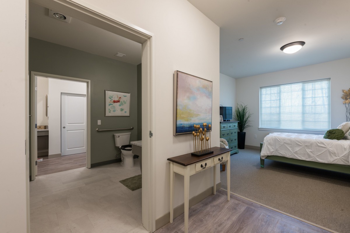 A modern bedroom with an en-suite bathroom, featuring tasteful decorations and sleek furniture.
