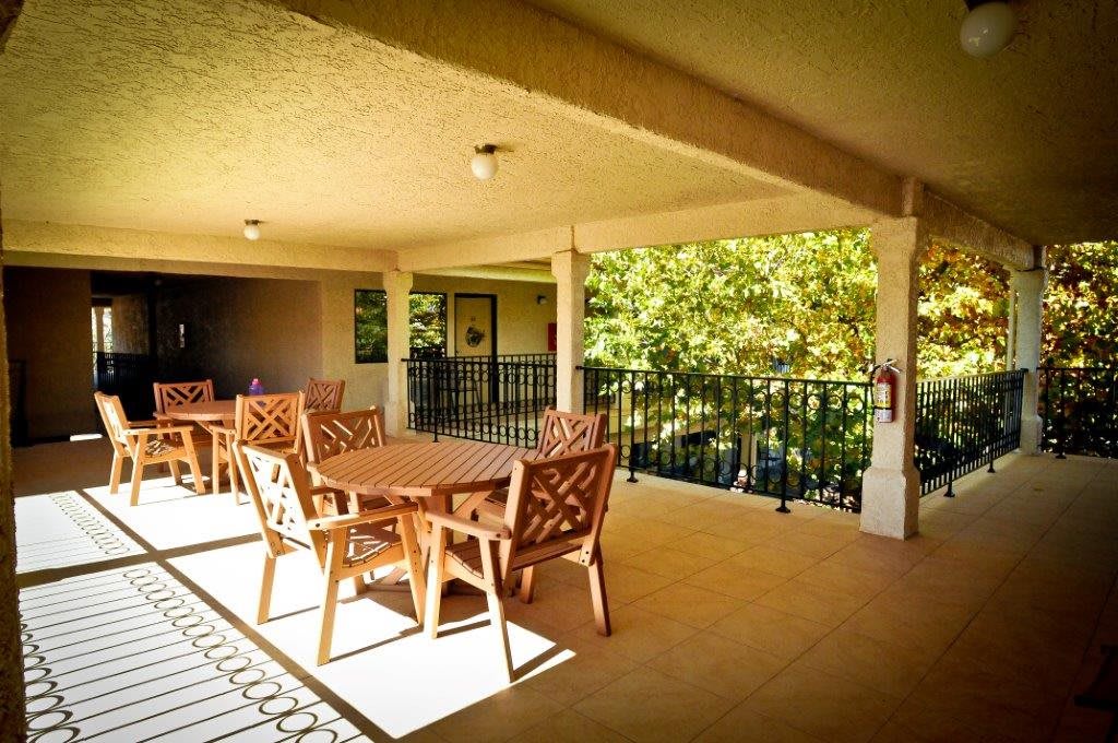 A sunny patio with wooden tables and chairs under a covered area, overlooking greenery.