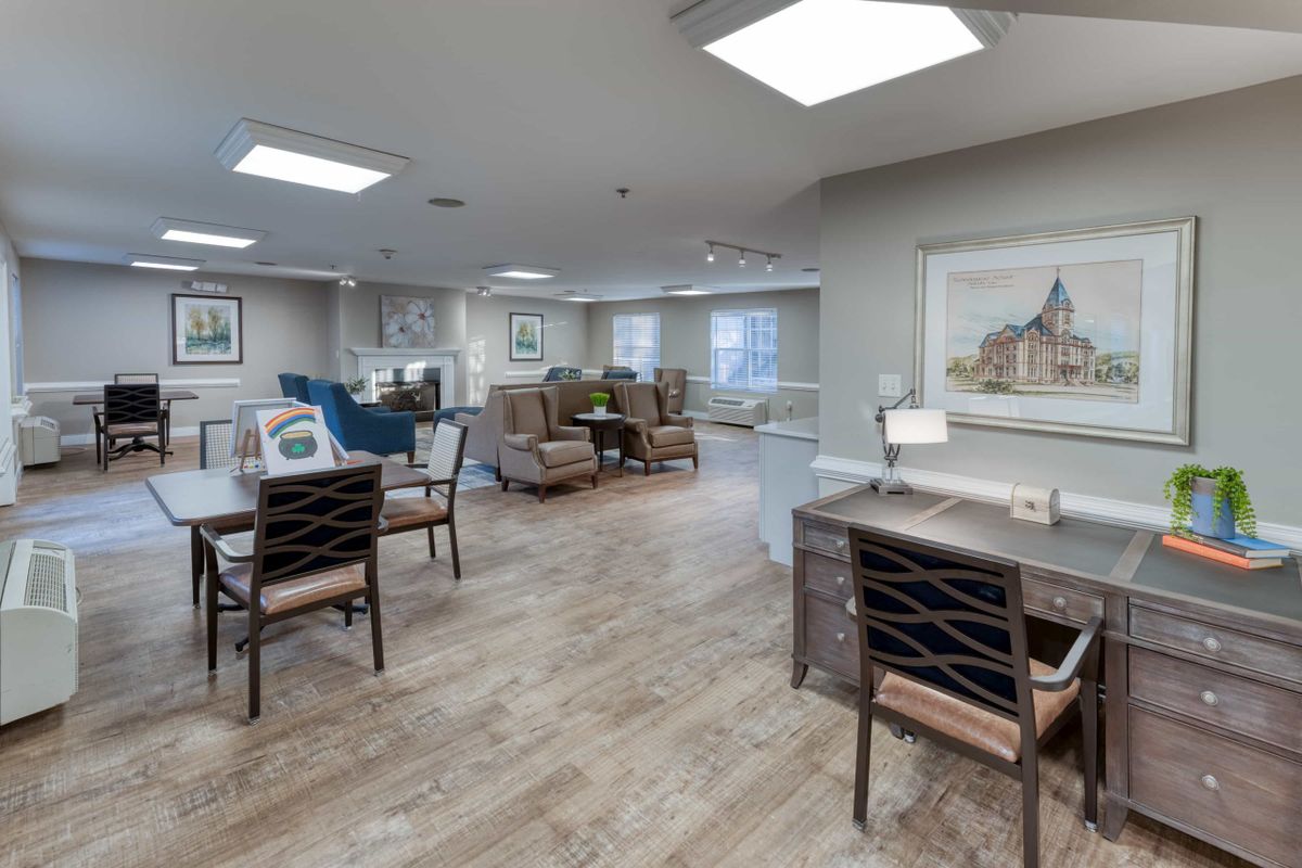 A modern office space with comfortable seating and work areas.