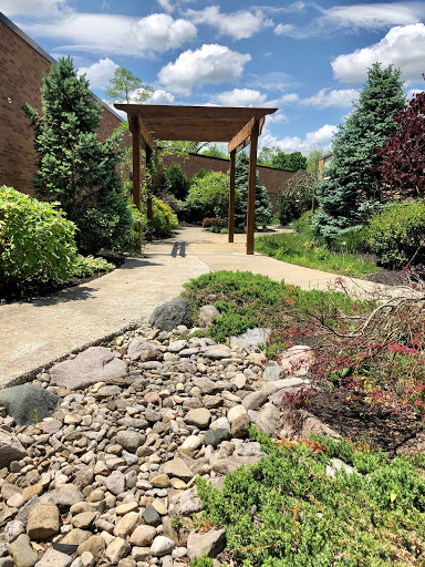 A serene garden pathway surrounded by lush greenery and decorative rocks.