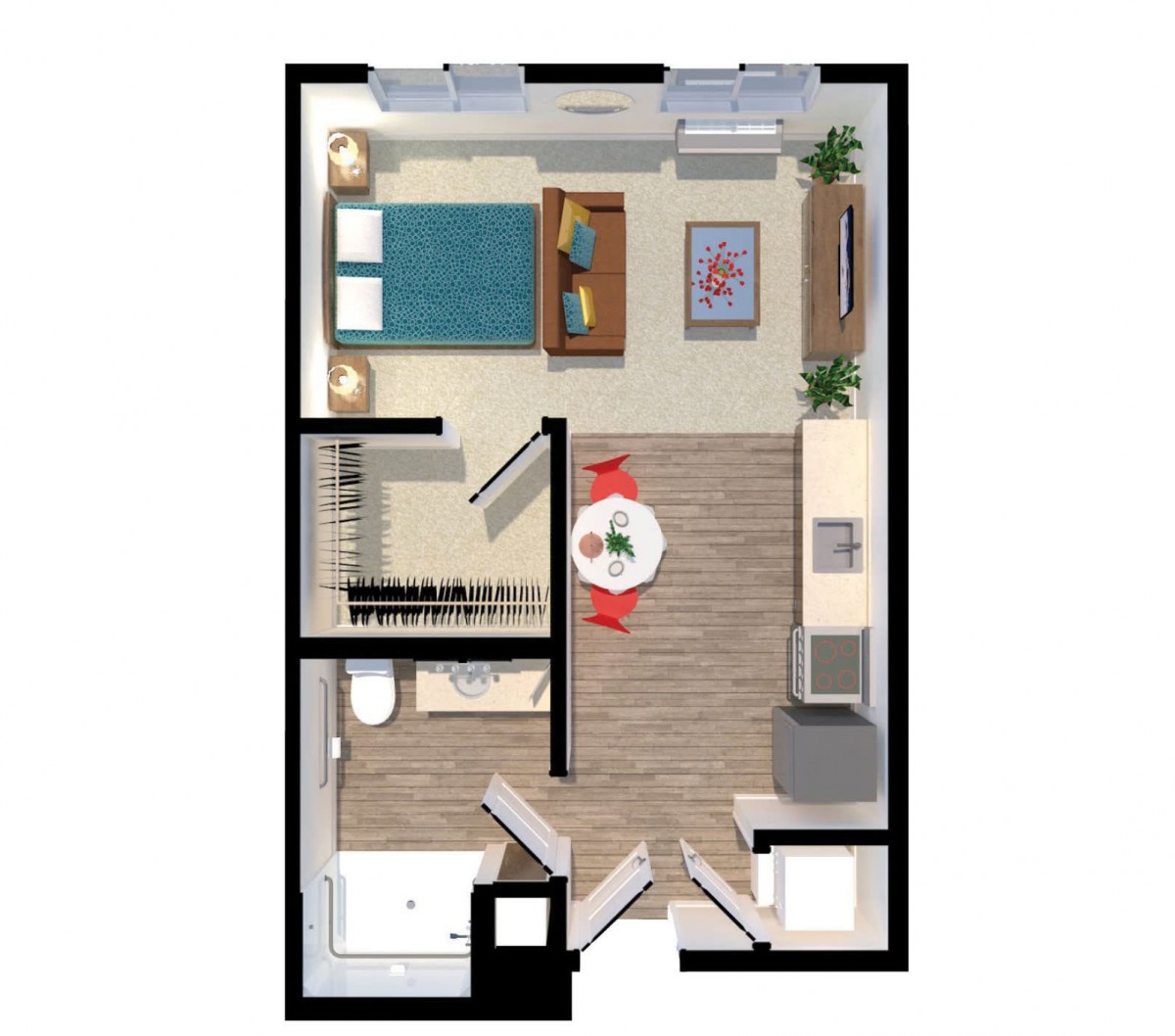 A floor plan of a compact studio apartment featuring an open living and sleeping area, kitchen, and bathroom.