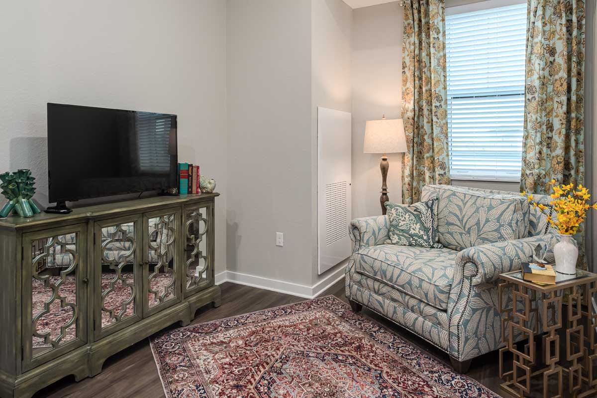 A cozy living room corner featuring an armchair and a decorative rug.