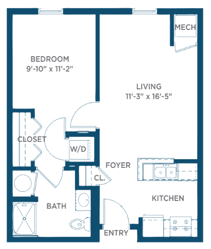 One-bedroom apartment floor plan with living room, kitchen, and bathroom.