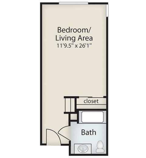 Floor plan of a studio apartment with a combined bedroom/living area and a bathroom.