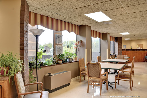 A well-lit interior space featuring seating, tables, and plenty of greenery.