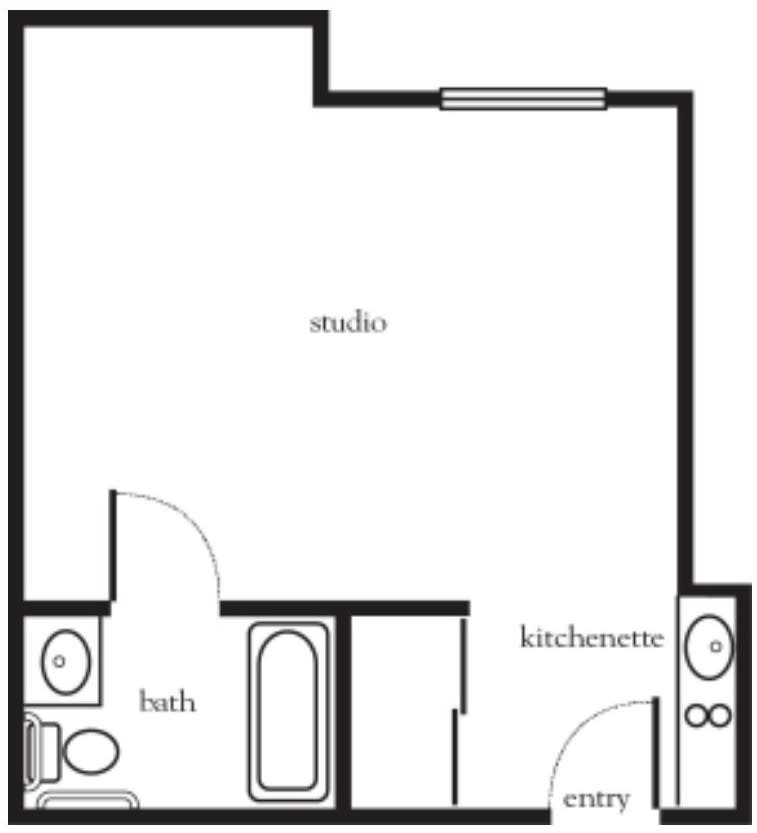 Floor plan of a studio apartment with a kitchenette and bathroom.