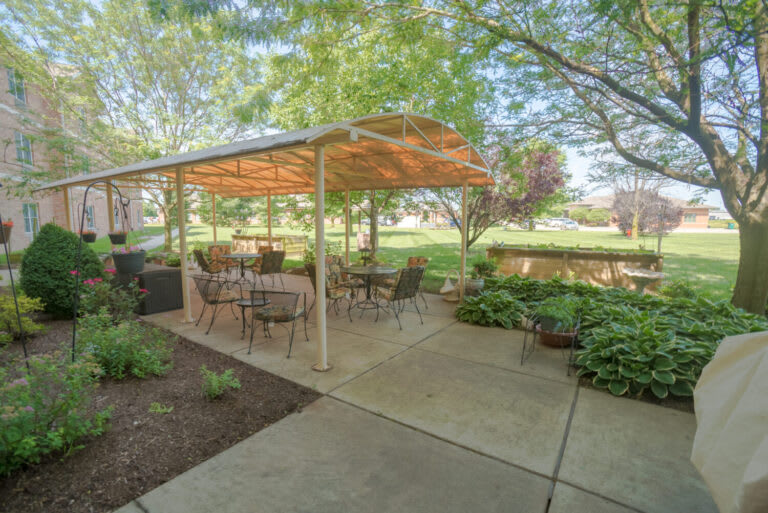 A cozy outdoor patio area with a canopy, surrounded by lush greenery.