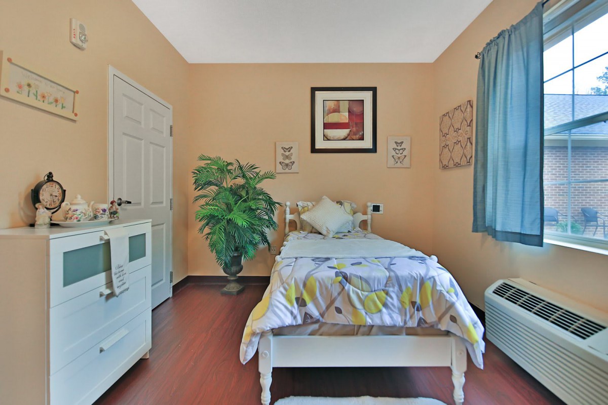 A cozy bedroom featuring a single bed, decorated with artwork and a potted plant.