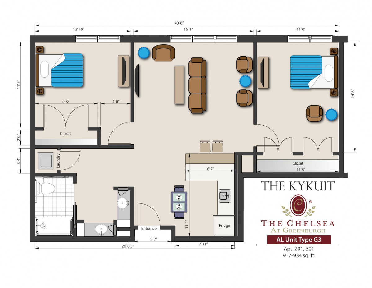 Floor plan of a two-bedroom apartment featuring a living room, kitchen, and bathroom.