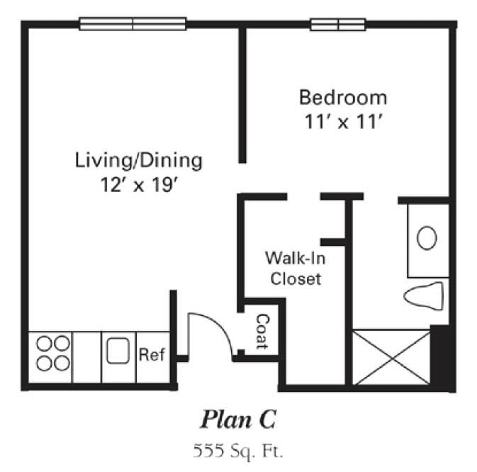 A floor plan of a one-bedroom apartment with a living/dining area, kitchen, bathroom, and walk-in closet.