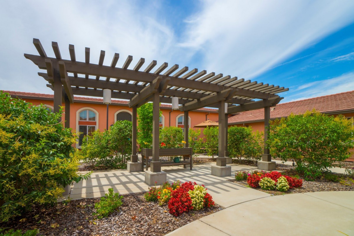 A beautifully designed pergola in a garden setting with colorful flowers and a paved pathway.