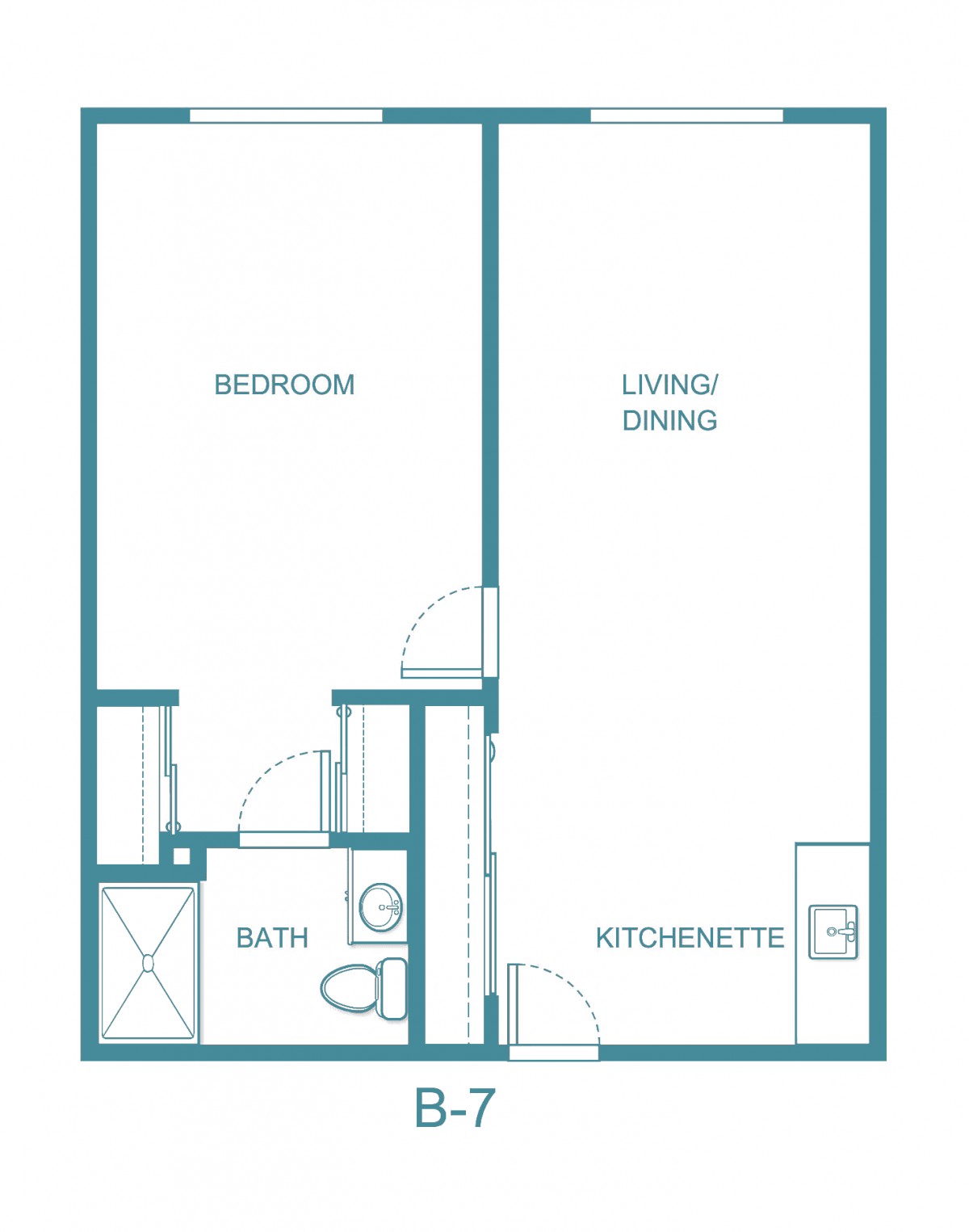 Simple floor plan of a one-bedroom apartment with a kitchenette and combined living/dining area.