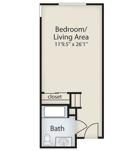 Studio apartment floor plan with bedroom/living area and bathroom.