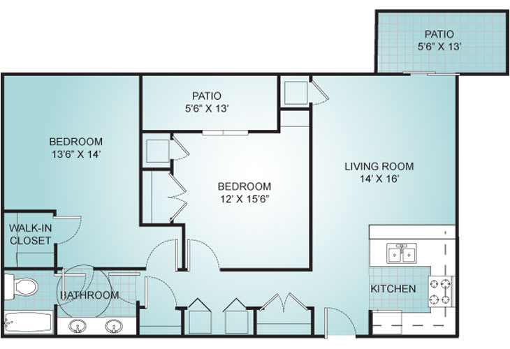 A detailed floor plan of an apartment showcasing the layout of rooms including a living room, bedroom, kitchen, bathroom, and a patio.