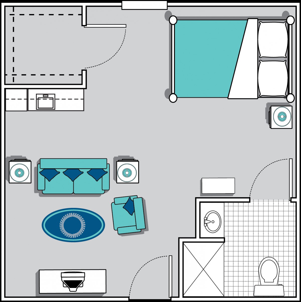 This is a floor plan of a small apartment featuring a bedroom, living room, and bathroom.
