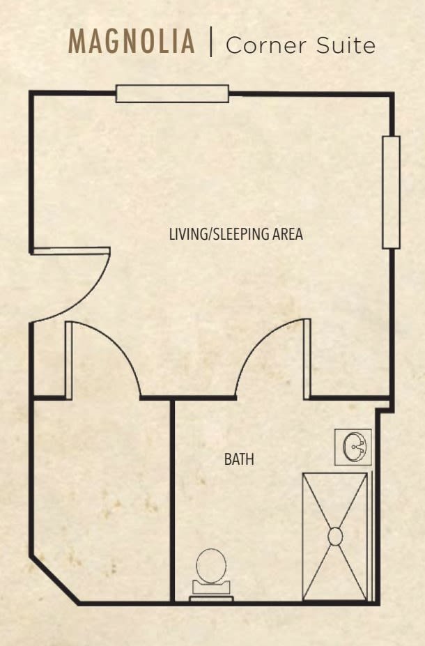 A simple floor plan showing a living/sleeping area and a bathroom.