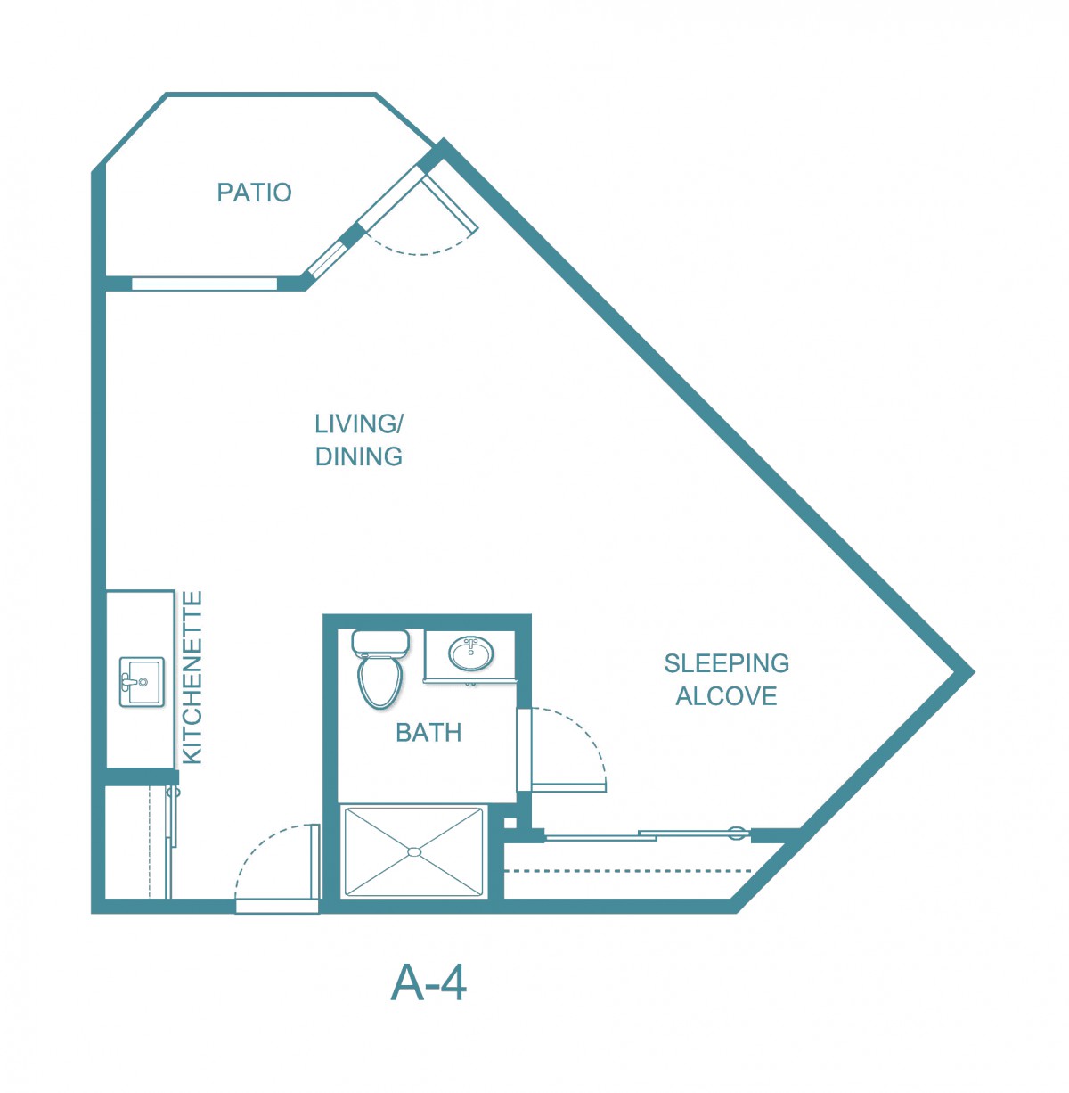 A studio apartment floor plan with a patio, dining area, kitchen, bathroom, and sleeping alcove.