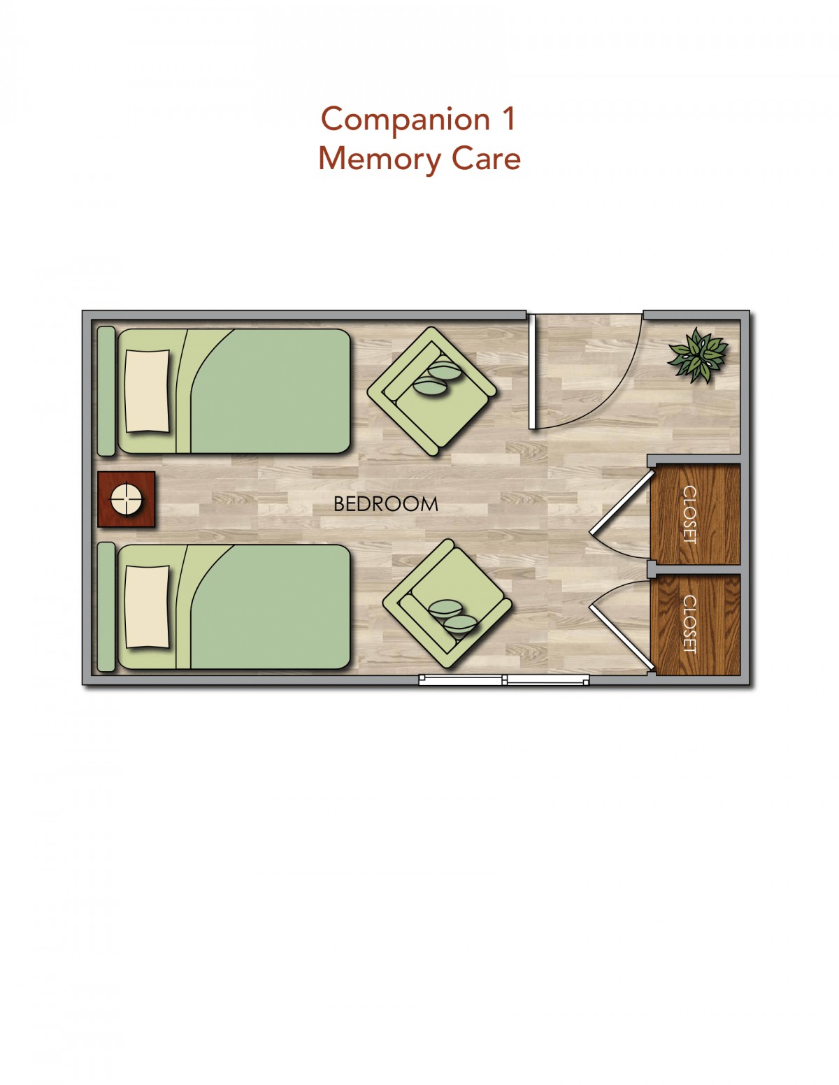 A floor plan of a companion memory care bedroom with two beds and basic furnishings.