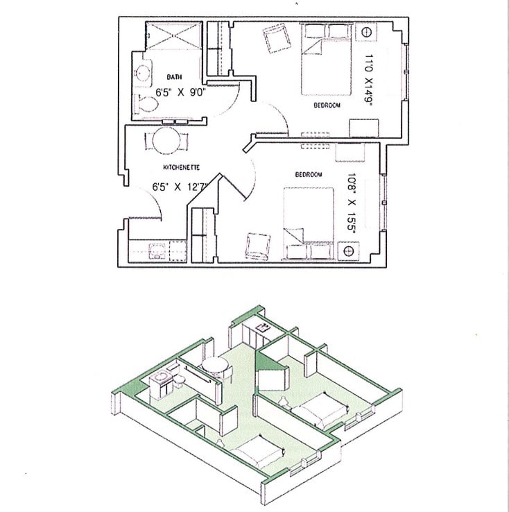 This image shows a floor plan of an apartment, featuring both a 2D blueprint and a 3D layout.