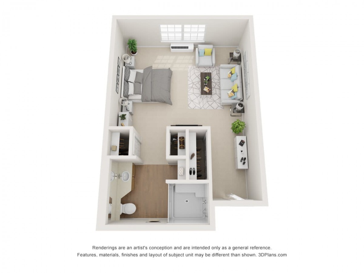 A 3D rendering of a one-bedroom apartment floor plan featuring an open living area, kitchen, and separate bathroom.