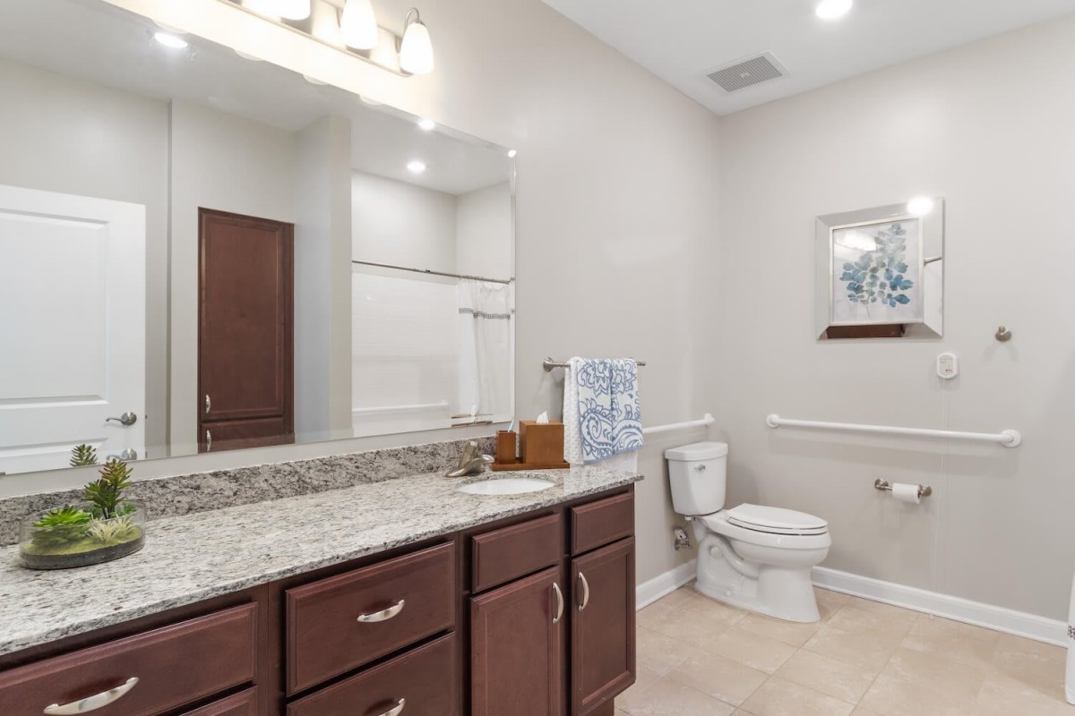 A well-lit bathroom with a granite countertop and wooden cabinets.