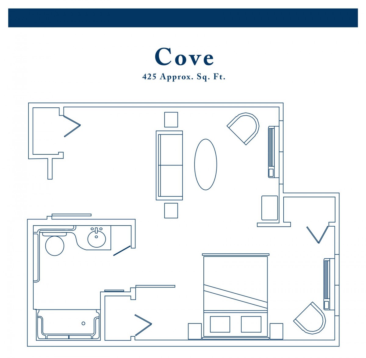This image shows the floor plan of an apartment named 'Cove,' approximately 415 square feet, featuring a living room, bedroom, bathroom, and kitchen.