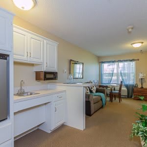A compact apartment interior featuring a kitchenette and a cozy living area with natural light coming through the window.
