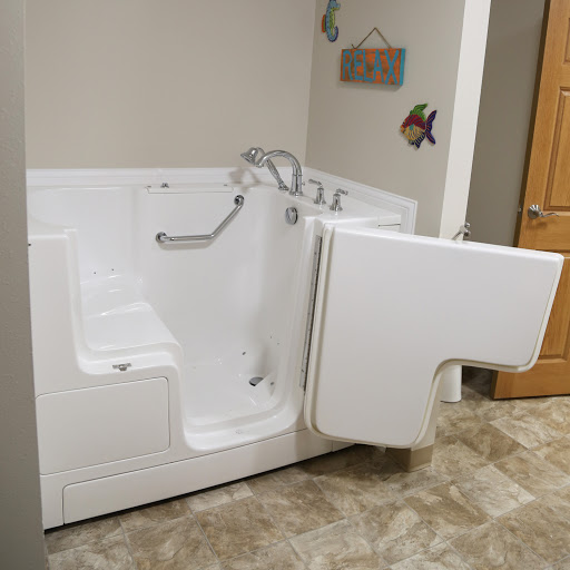 A walk-in bathtub designed for accessibility and safety, featuring a door for easy entry.