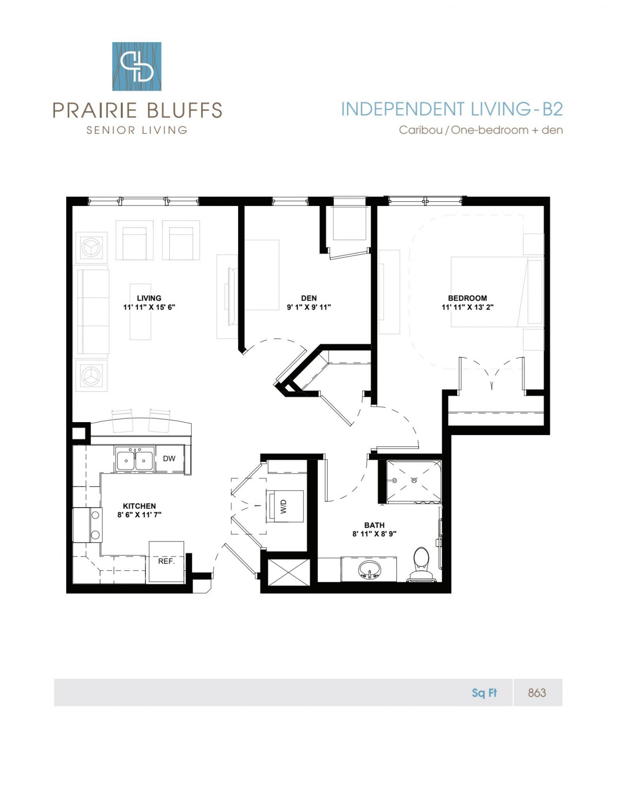 Floor plan of an independent living apartment at Prairie Bluffs.