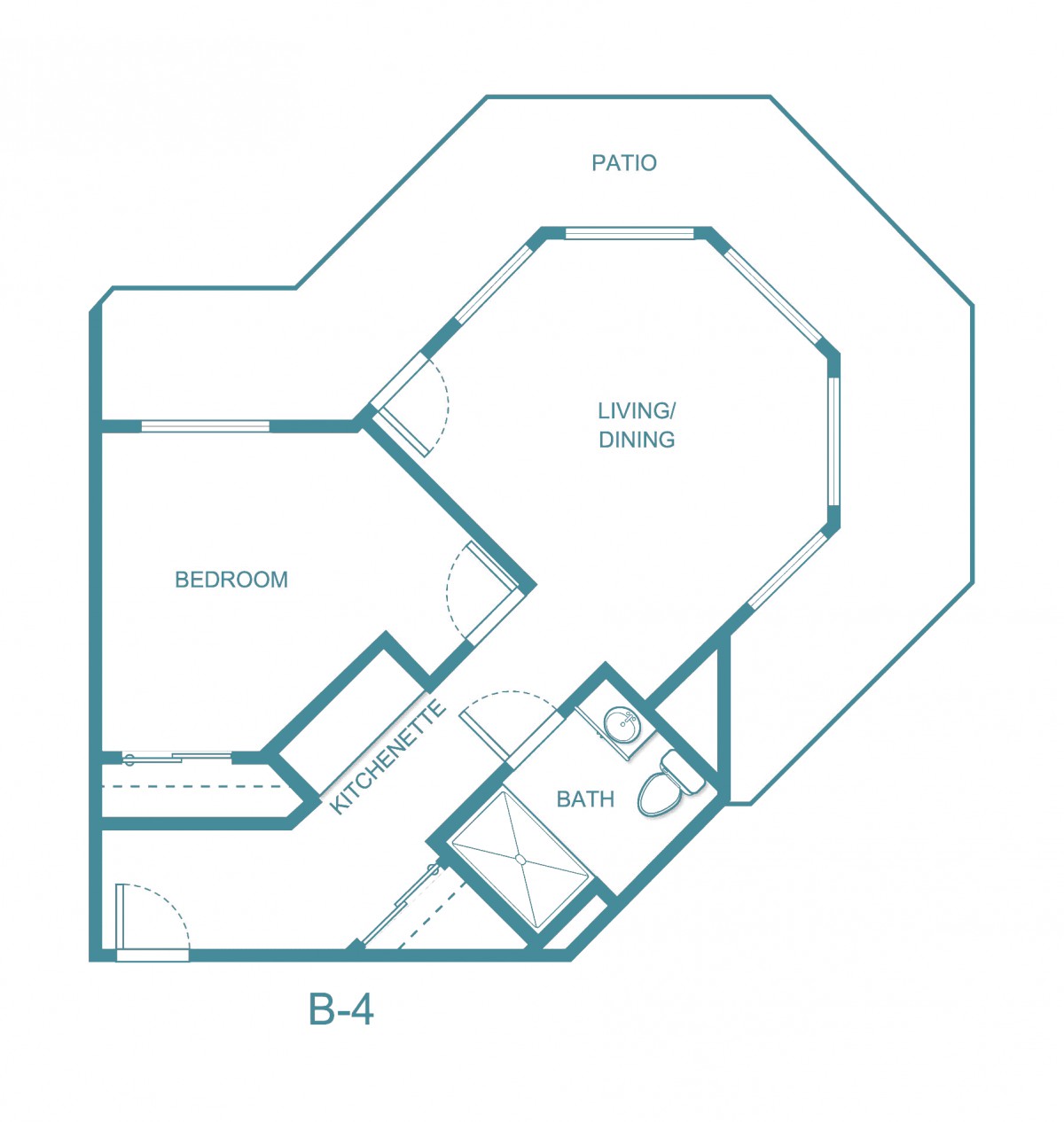 A floor plan of a one-bedroom apartment with living area, bathroom, and patio.