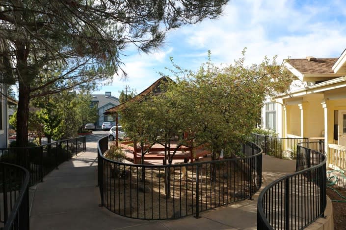 A sunny outdoor park area with picnic tables surrounded by a fence and trees.