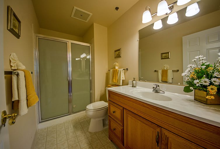 A modern bathroom with a shower, toilet, sink, and wooden cabinets.