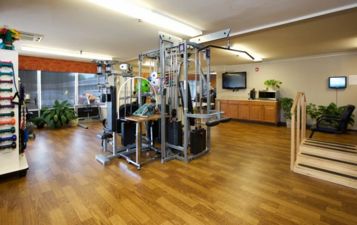 A well-equipped gym interior featuring a multigym machine and wooden flooring.