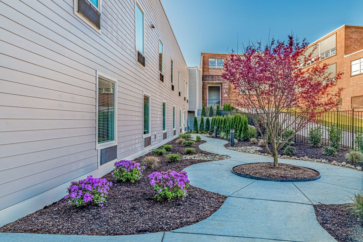 A well-maintained garden with vibrant flowers and trees alongside a building's exterior walkway.