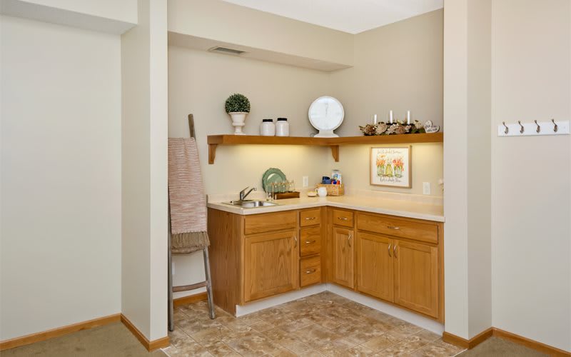A small kitchen area with wooden cabinets, decorated shelves, and a countertop.