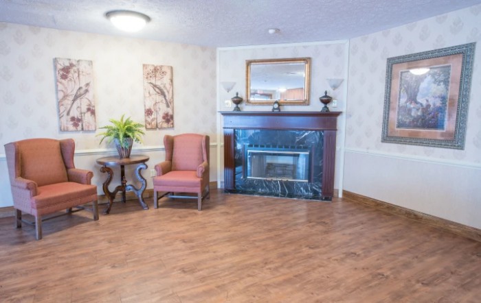 A cozy living room featuring a fireplace, two chairs, a side table with a plant, and wooden flooring.