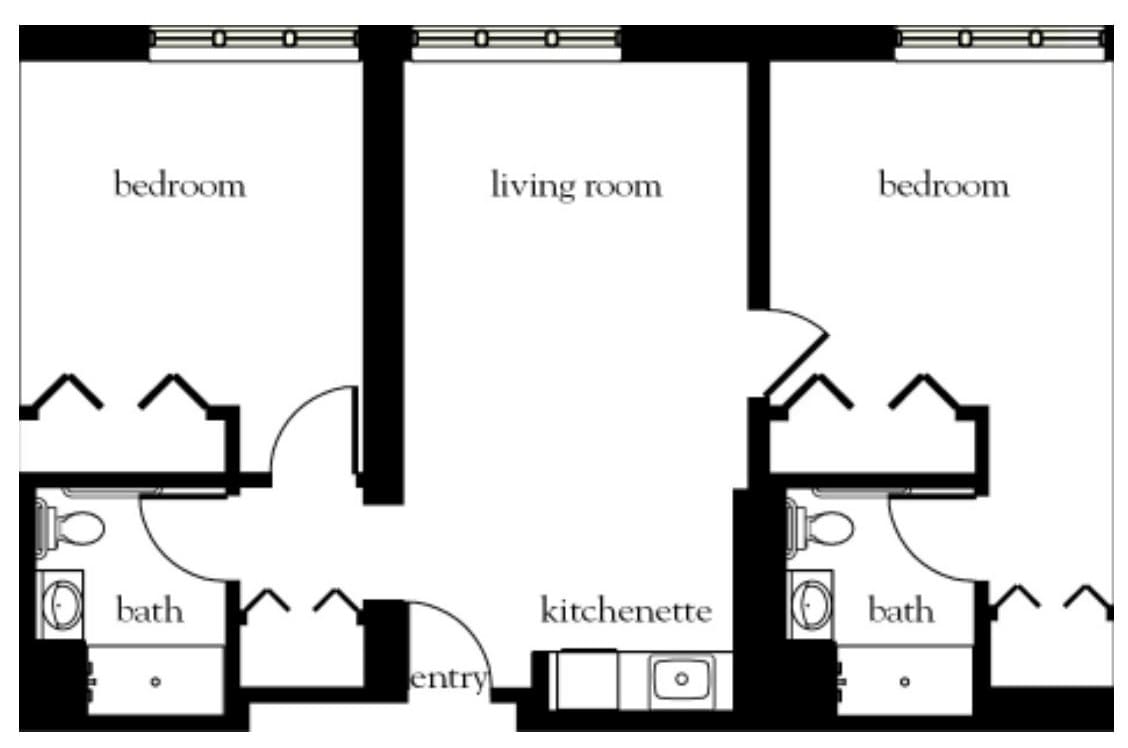A floor plan featuring a living room, bedroom, kitchenette, and bathroom.
