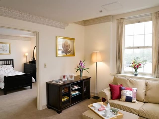 A cozy living room with tasteful decor and natural lighting.