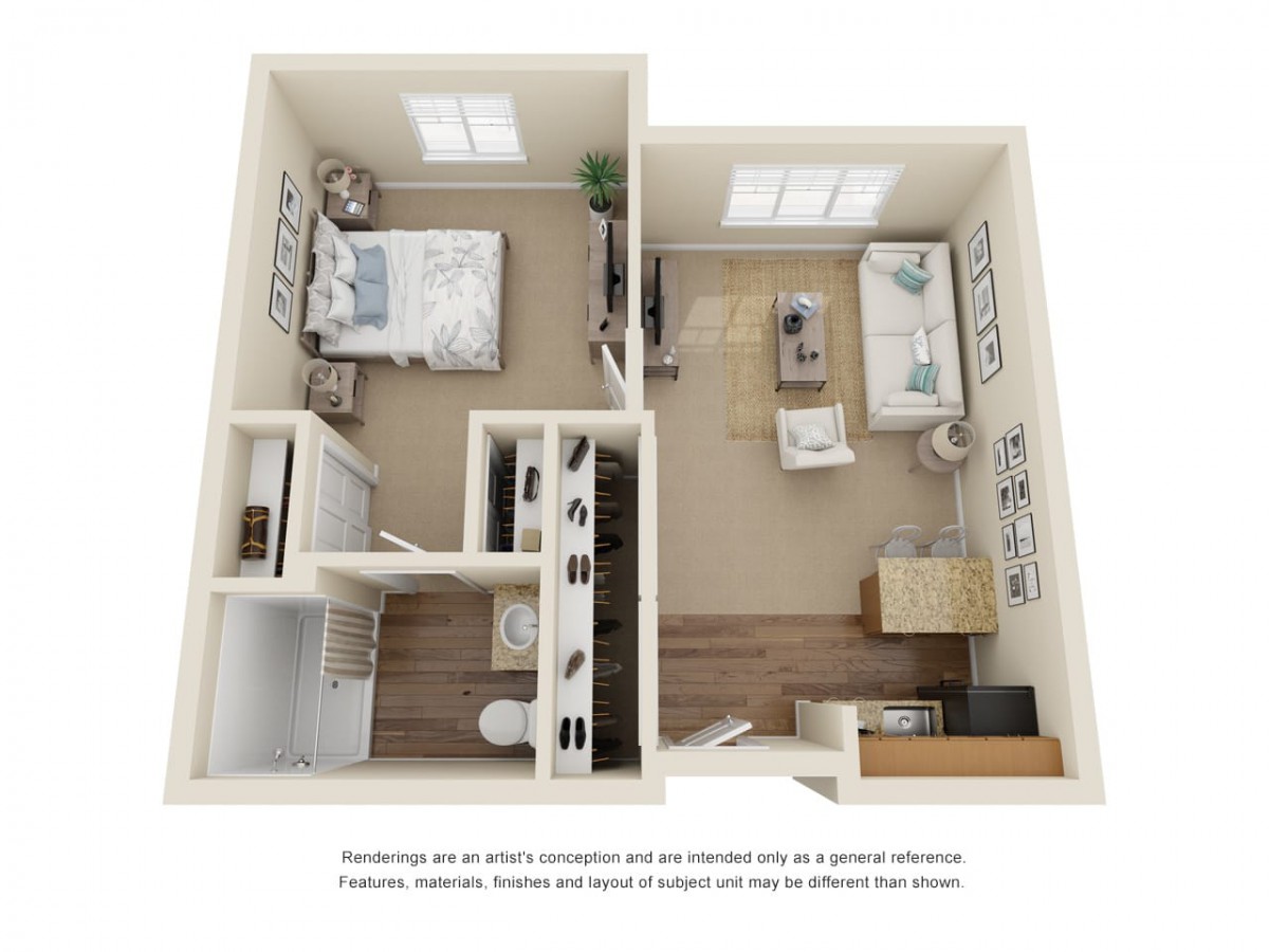 A 3D rendering of a compact 1-bedroom apartment layout with modern furnishings.
