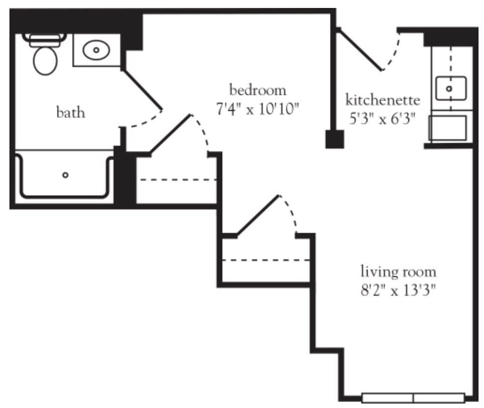 A floor plan of a small apartment, showing the arrangement of rooms including a bathroom, bedroom, kitchenette, and living room.