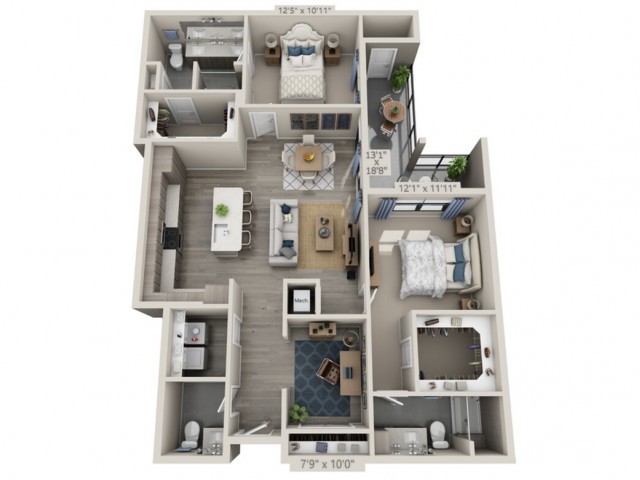 3D rendered floor plan of a modern apartment with multiple rooms and amenities.
