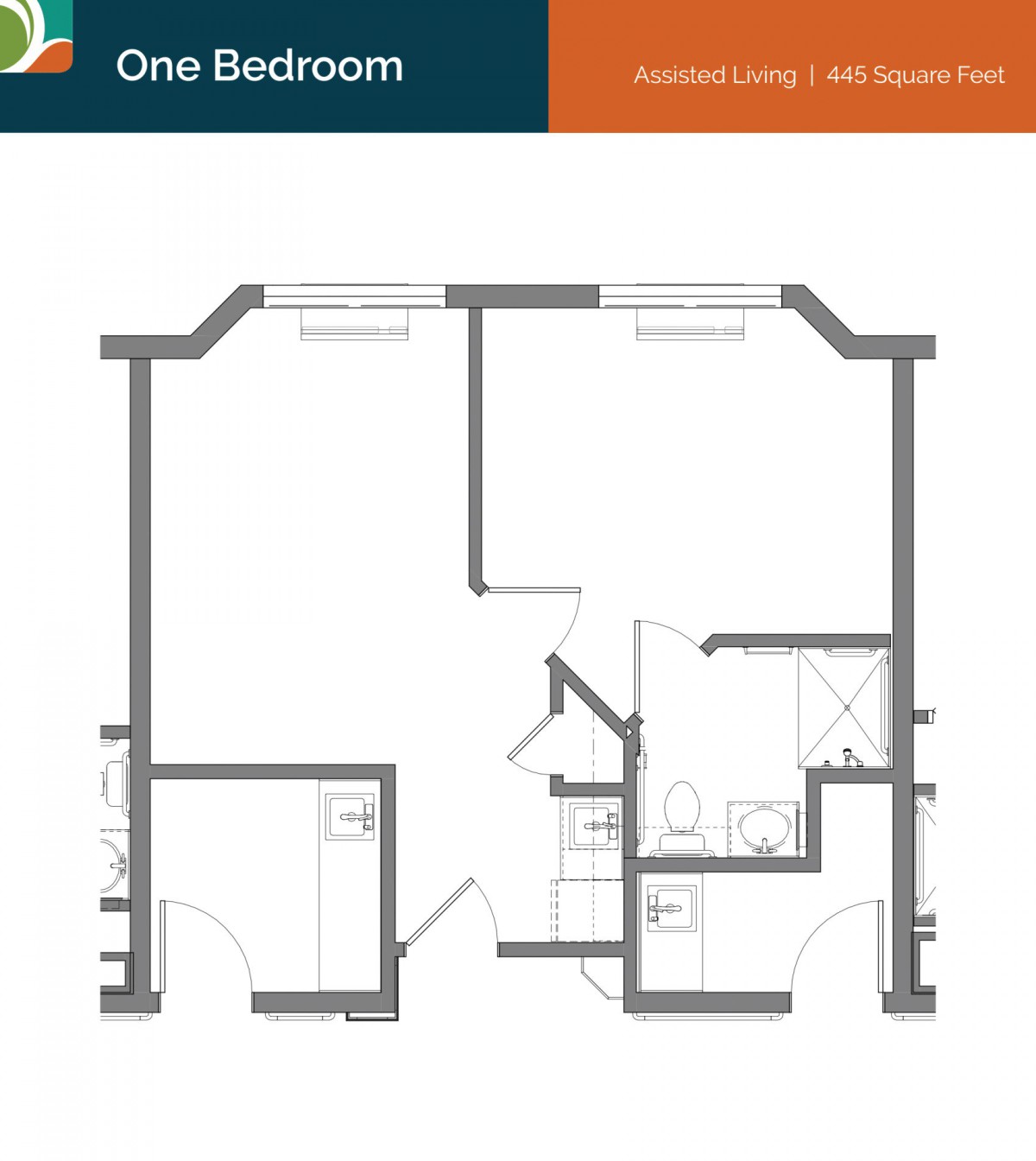 A one-bedroom apartment floor plan showing the layout of rooms and spaces.