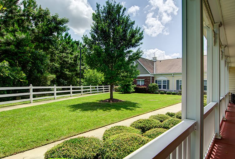 A well-maintained yard with a tree, bushes, and a white fence under a sunny sky.