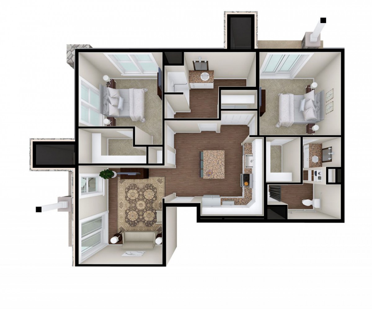 A detailed floor plan of a two-bedroom apartment with a living room, bathroom, and kitchen.