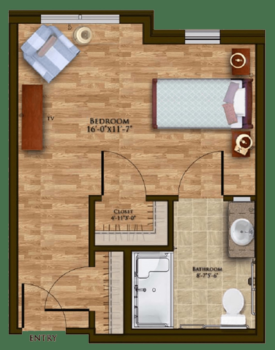A detailed floor plan of a small apartment, featuring a bedroom and bathroom.