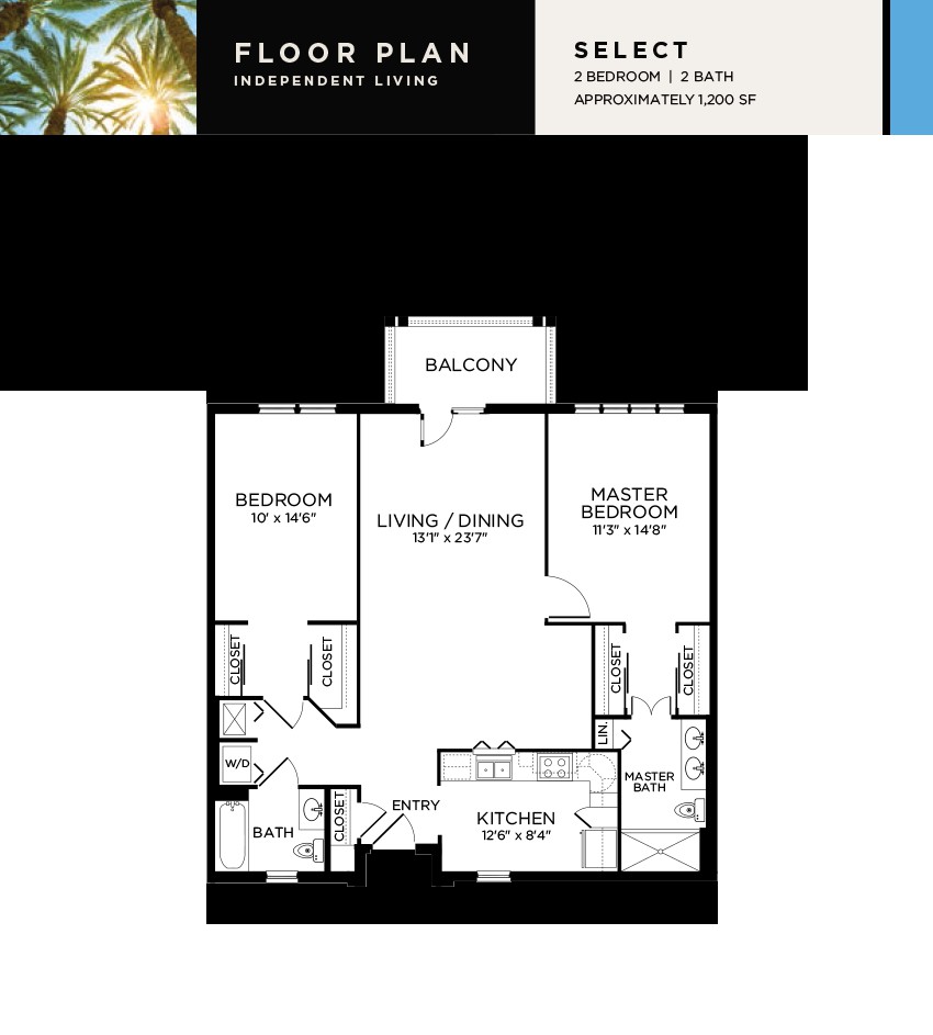 A detailed floor plan of a two-bedroom apartment with labeled rooms and dimensions.
